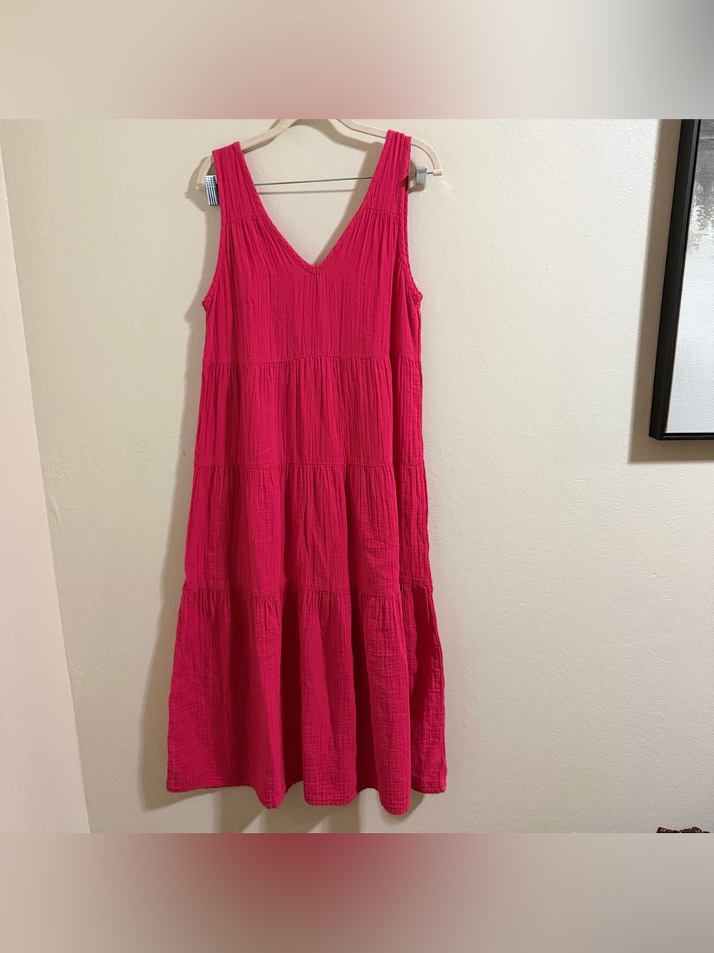 Quince Amaranth Hot Pink Organic Cotton Gauze Tiered Maxi Dress V Neck Small - Picture 2 of 9